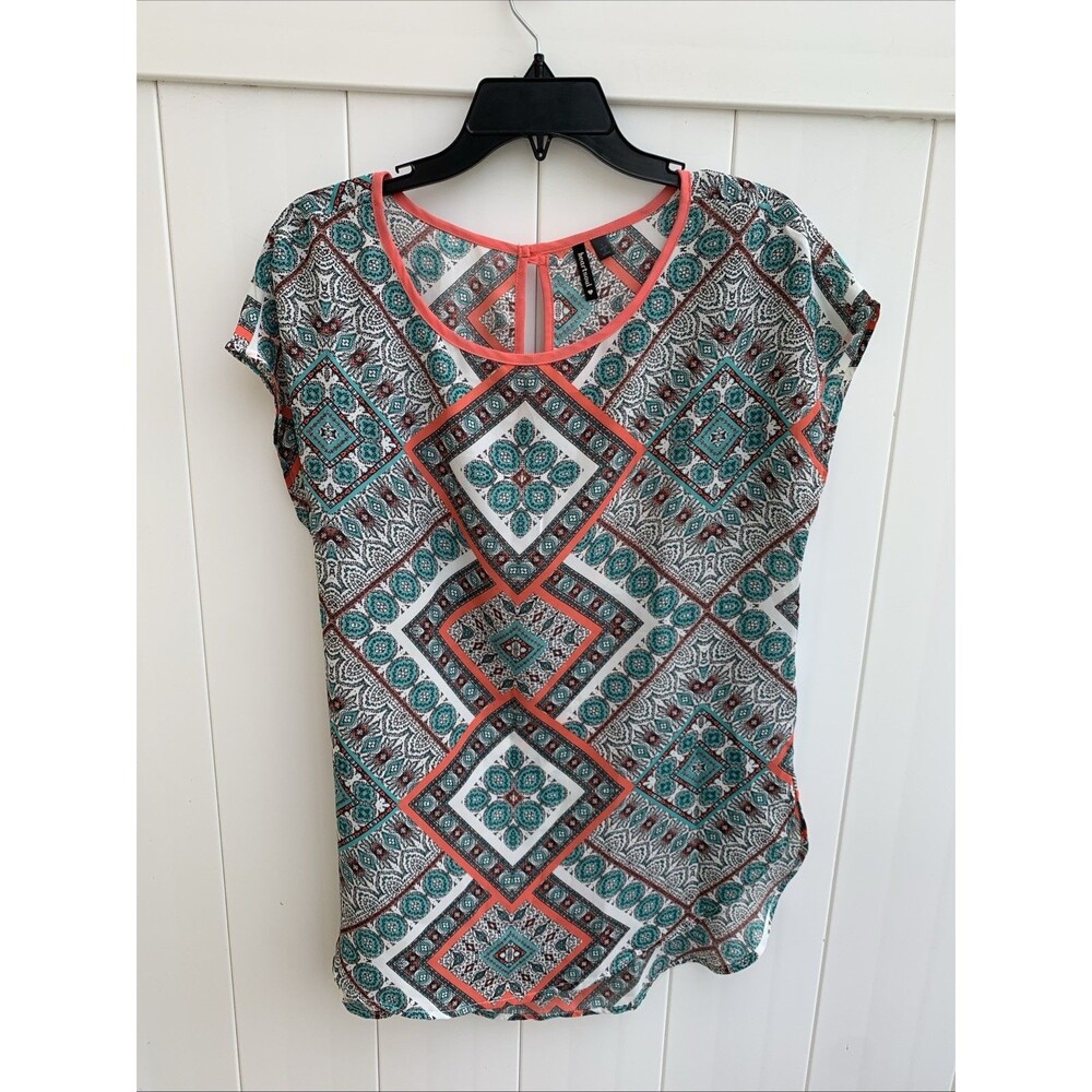 Heart Soul Womems Top Colorful Geometric Lightweight Tunic Cap Sleeve Sz Large